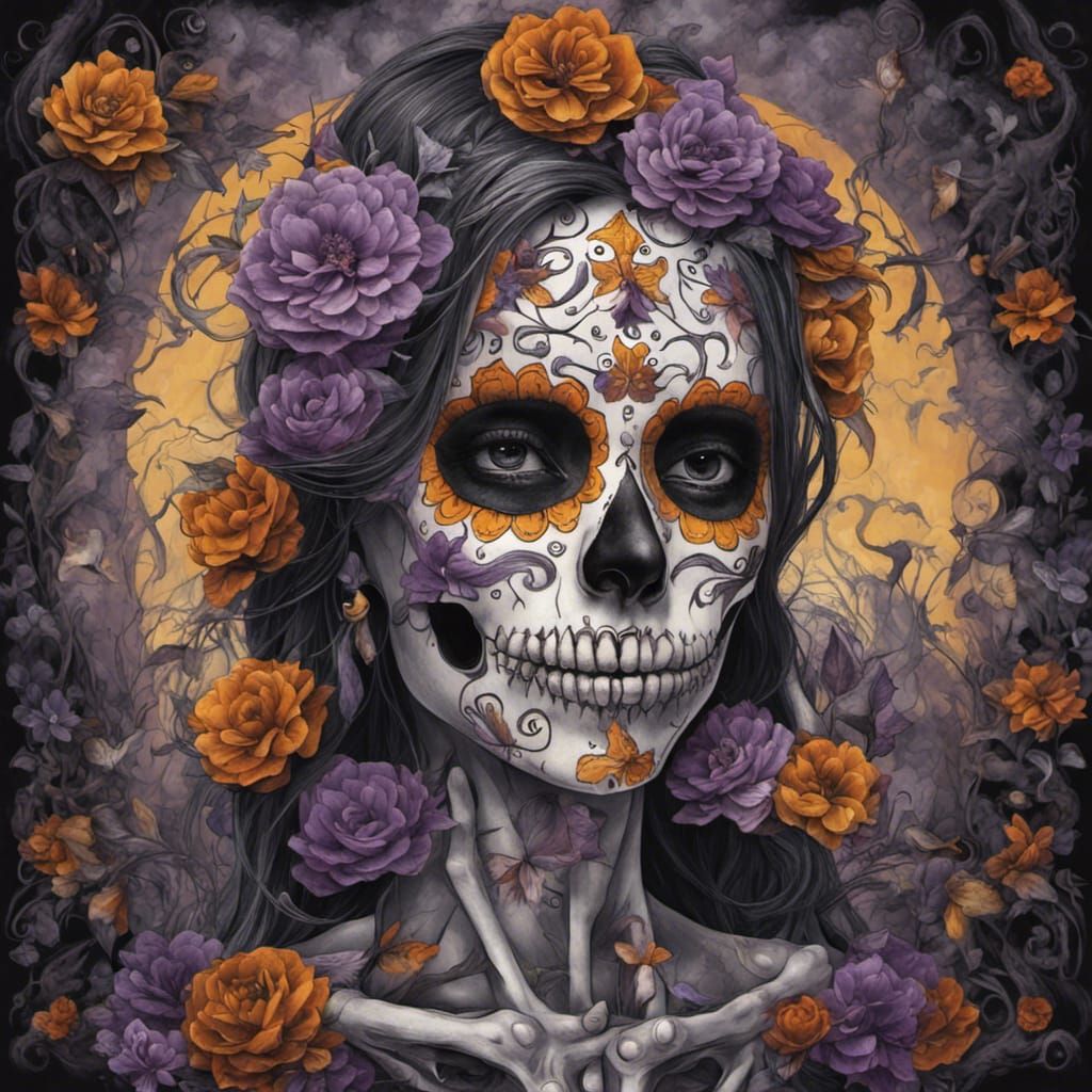 Colorful Sugar Skull with Flowers in Burtonesque Style
