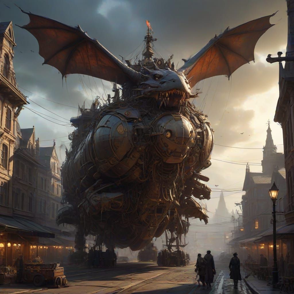 Steampunk Dragon Airship Soaring Over Victorian City