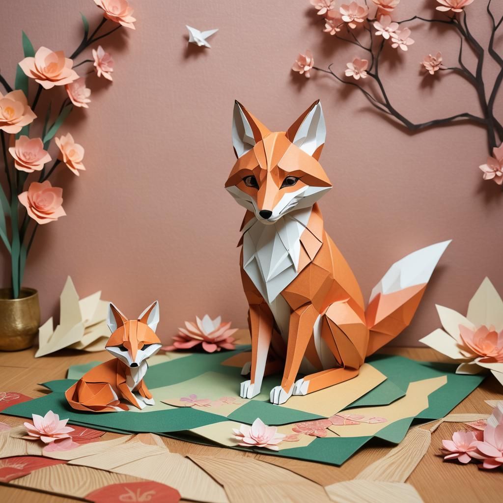 Fox and Cub in Origami Papercraft Style