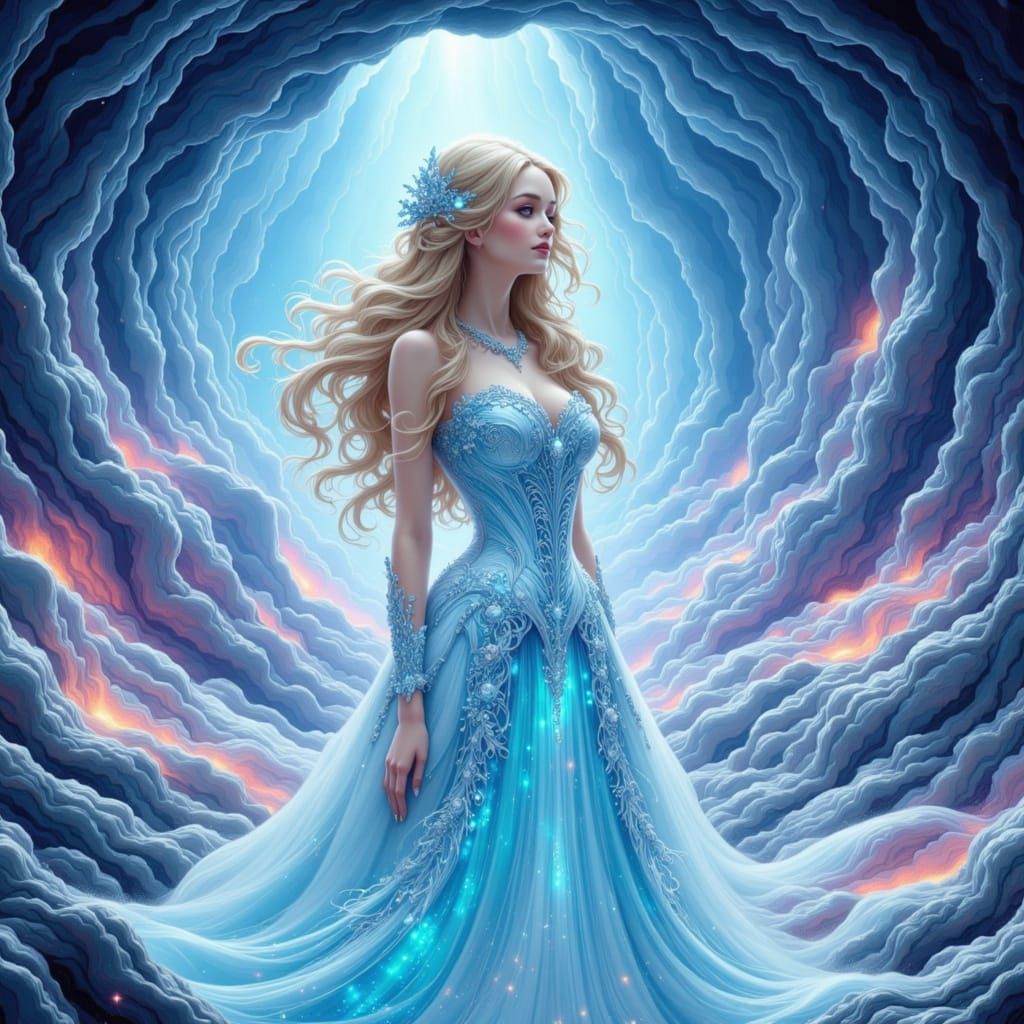 Siberian Ice Princess in a Bioluminescent Cave, Precisionist...