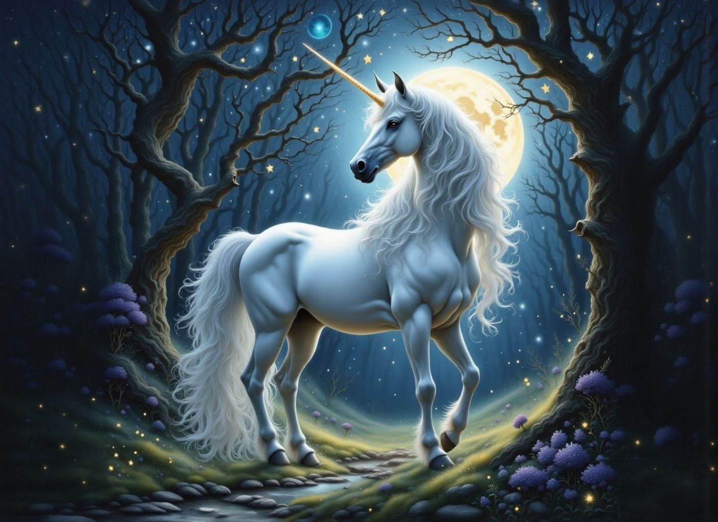Starlight Unicorn in Moonlit Forest