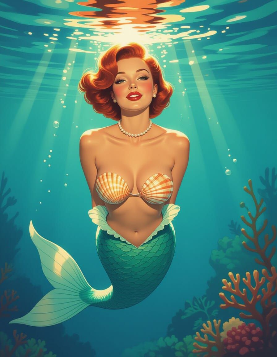 1960s Pinup Mermaid in Vibrant Underwater Scene