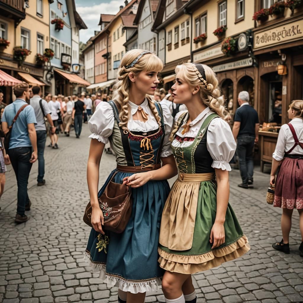 Young Women Kissing in Bavarian Oktoberfest Dress