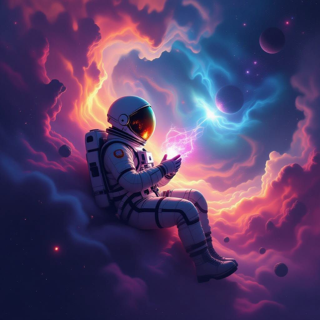 Astronaut Adrift in Nebula With Glowing Artifact