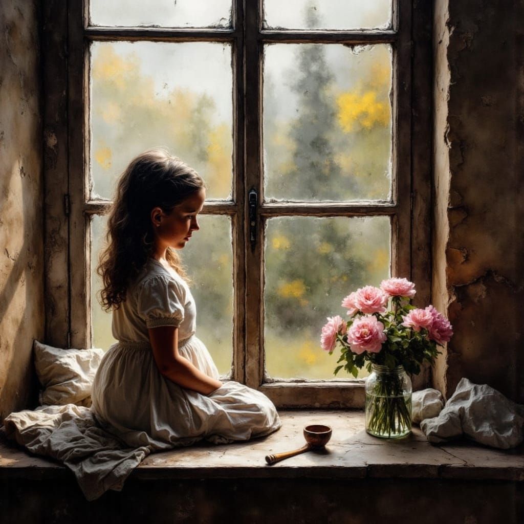 Mother Gazes Out Window, Anticipating Visitor