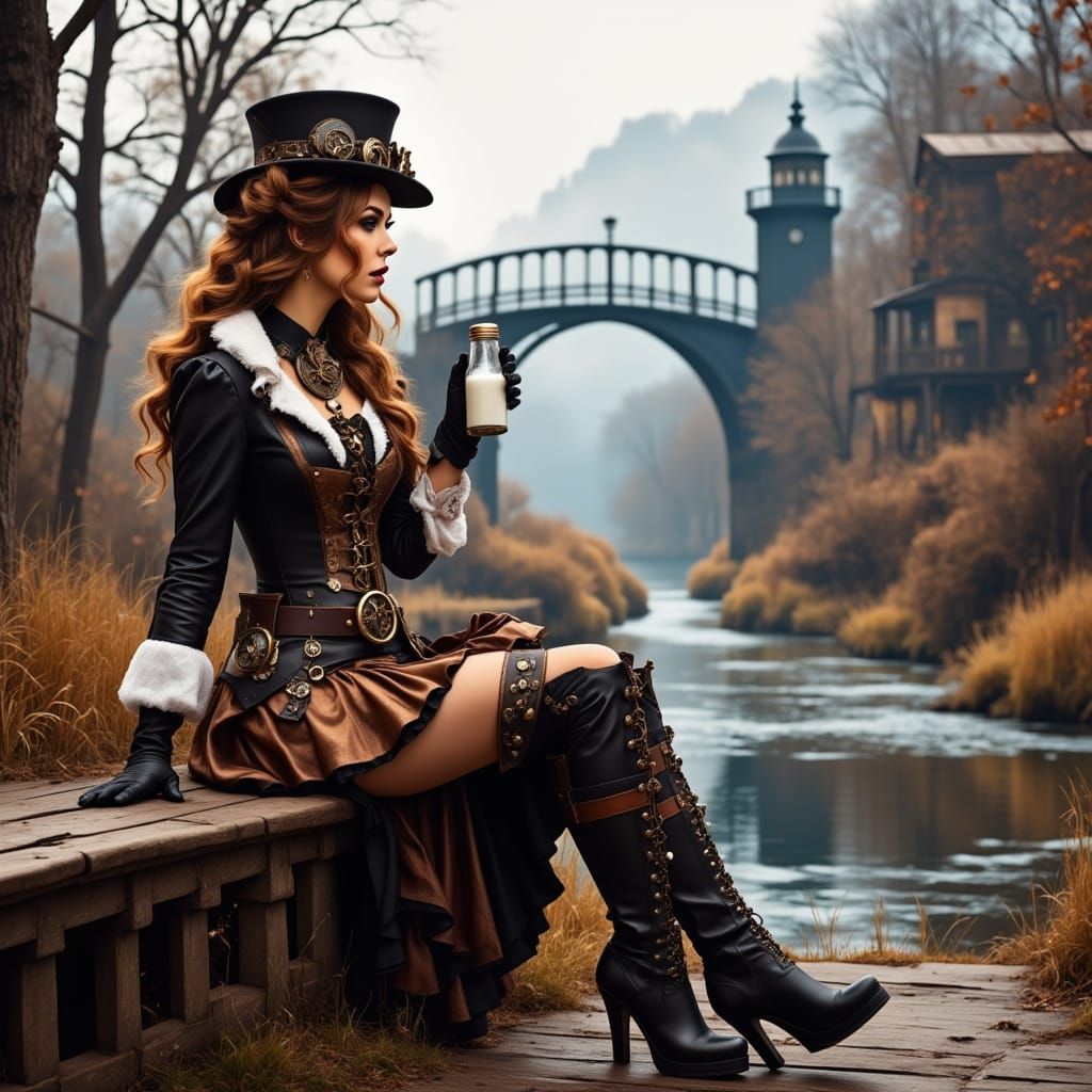 Steampunk Woman Enjoys Winter Scene by River
