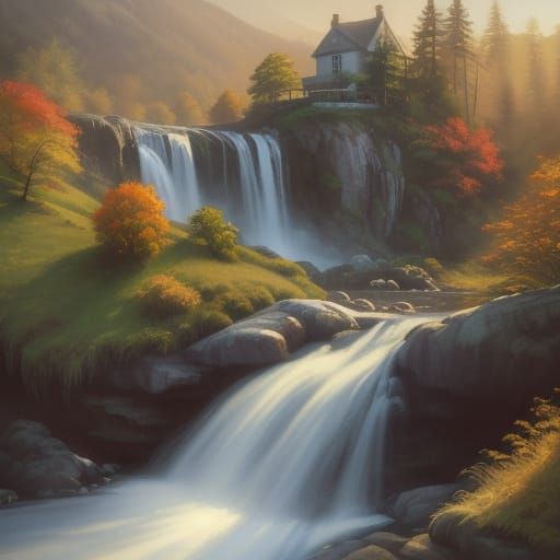 House by Waterfall in Edward Hopper Style Oil Painting