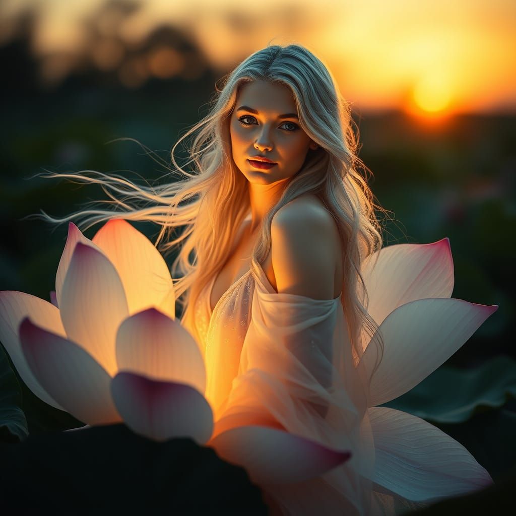 Ethereal Goddess of Twilight Emerges from Lotus in Golden Li...