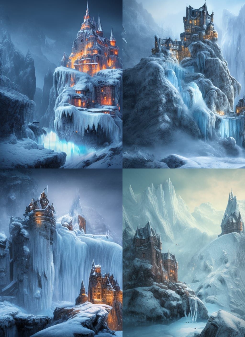 Snowy Castle Over Frozen Waterfall in Fantasy Art