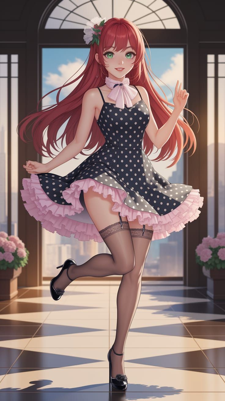 Japanese Woman in Polka-dot Dress, Anime Style