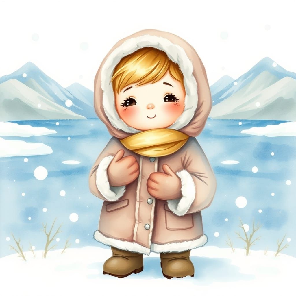 Serenely Happy Eskimo Boy in Delicate Watercolour