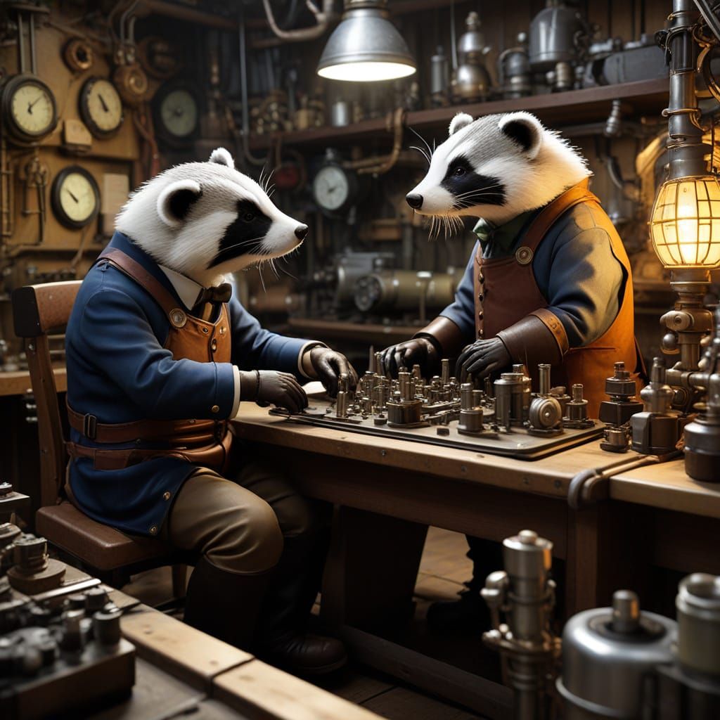 Steampunk Badger Inventors Hard at Work