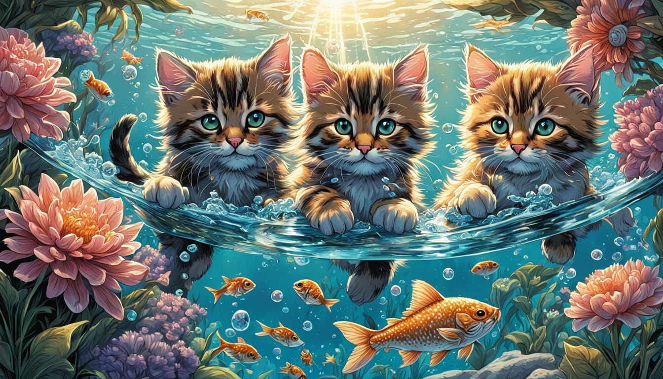 Kittens Play with Fish in Crystal Waters