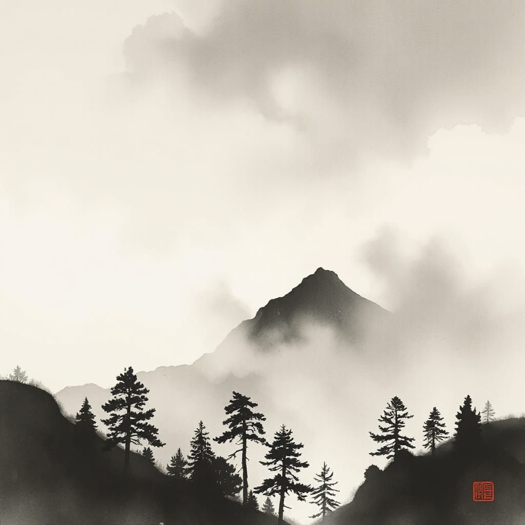 Sumi-e Ink Painting of Foggy Mountain Forest