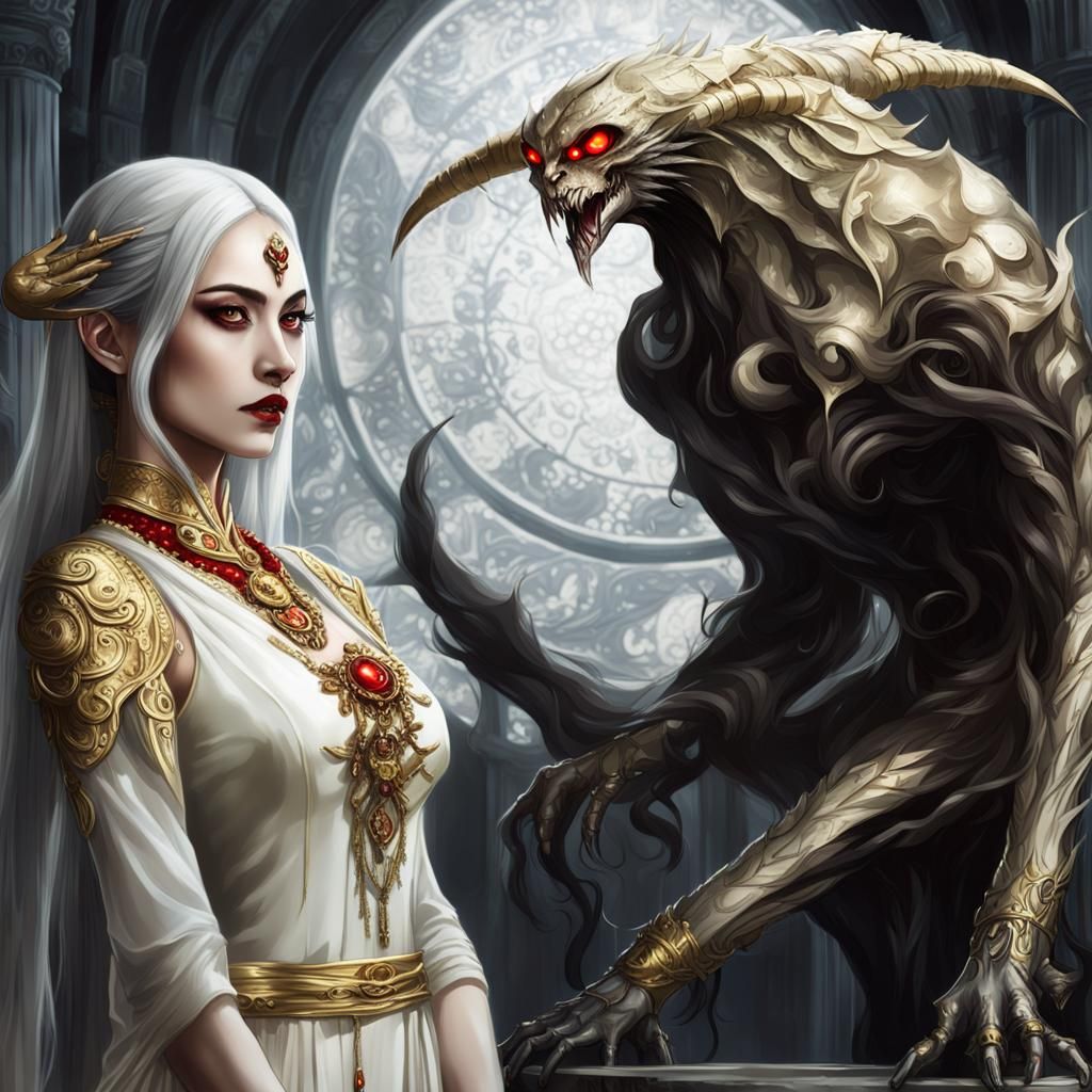 Ethereal Woman in Gold with White-Haired Man