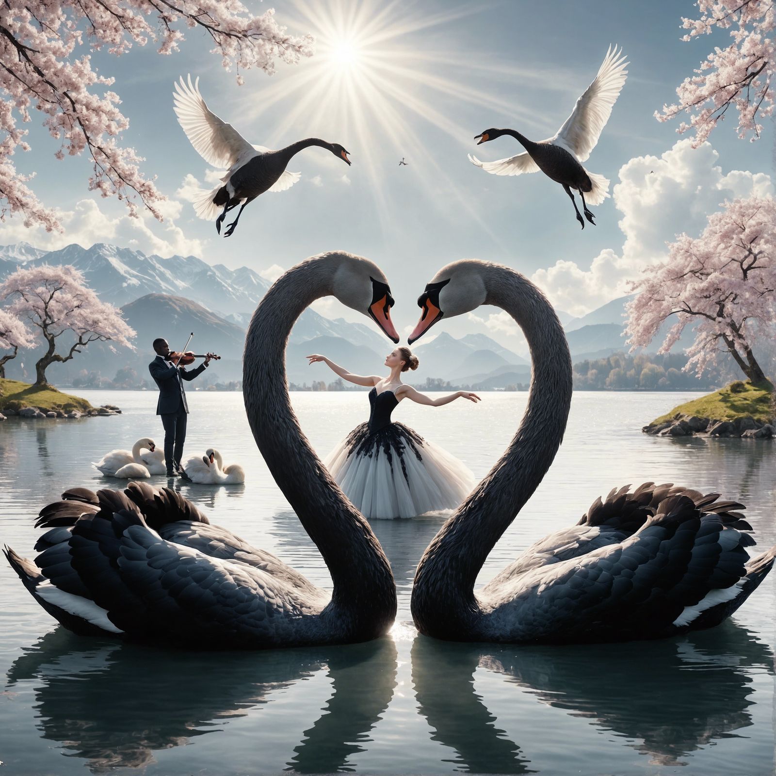 Swans Form Heart Shape in Hyper-Realistic Lake Scene