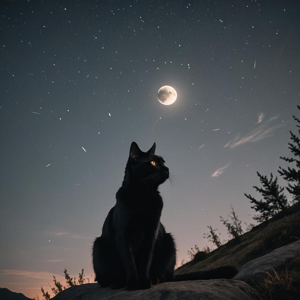Black Cat Gazing at the Starry Night Sky