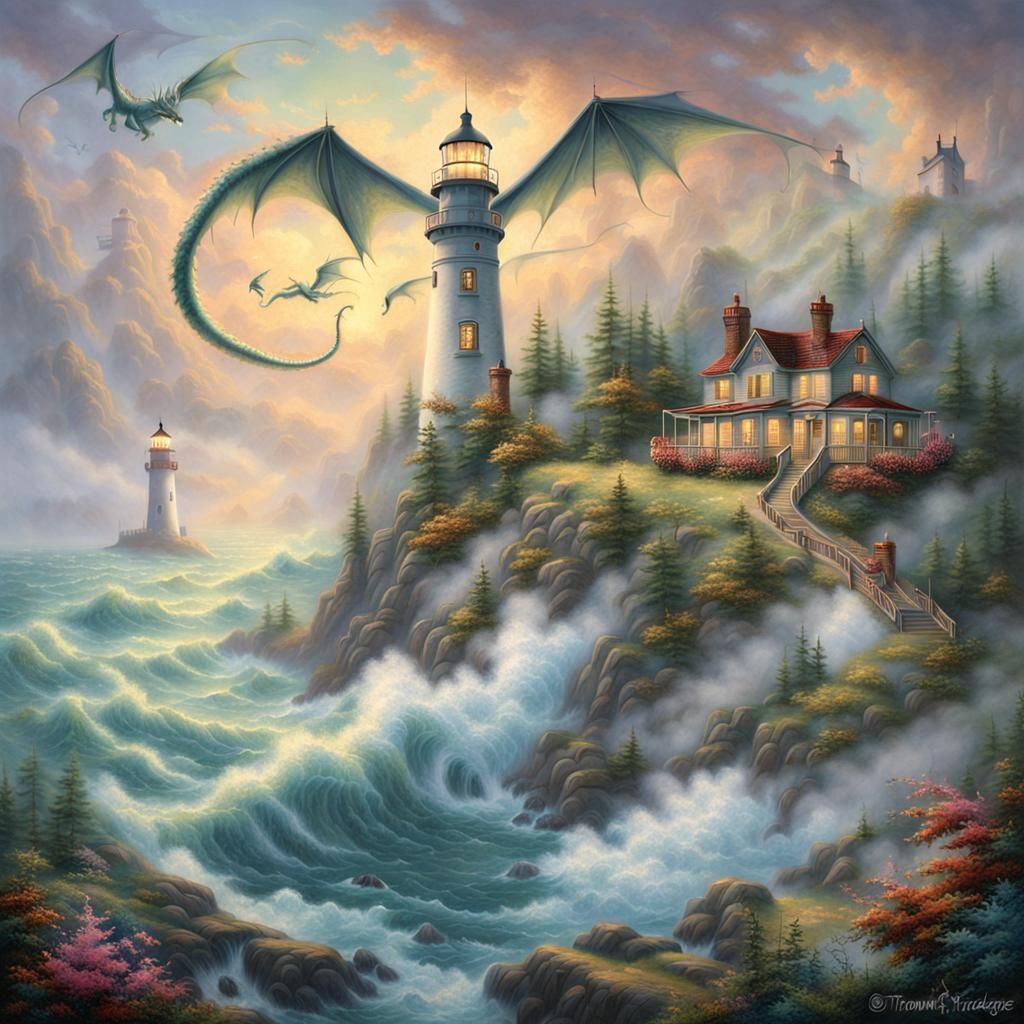 Dragon Mural on Lighthouse in Ethereal Style