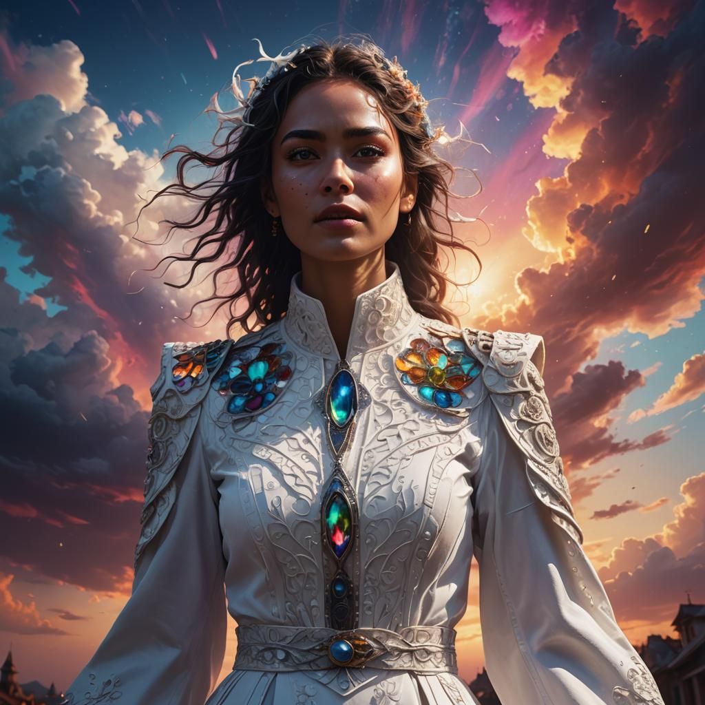 Person Emerging from Darkness into Colorful Sky