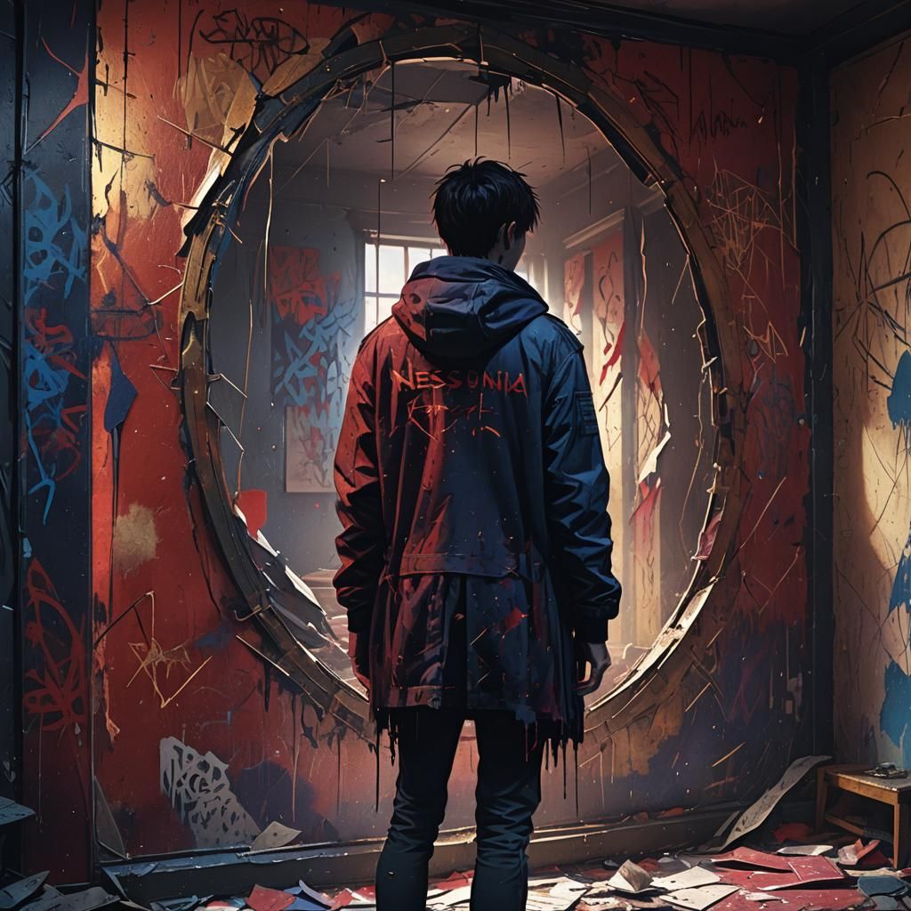 Eerie Dark Fantasy Living Room with Shattered Mirror