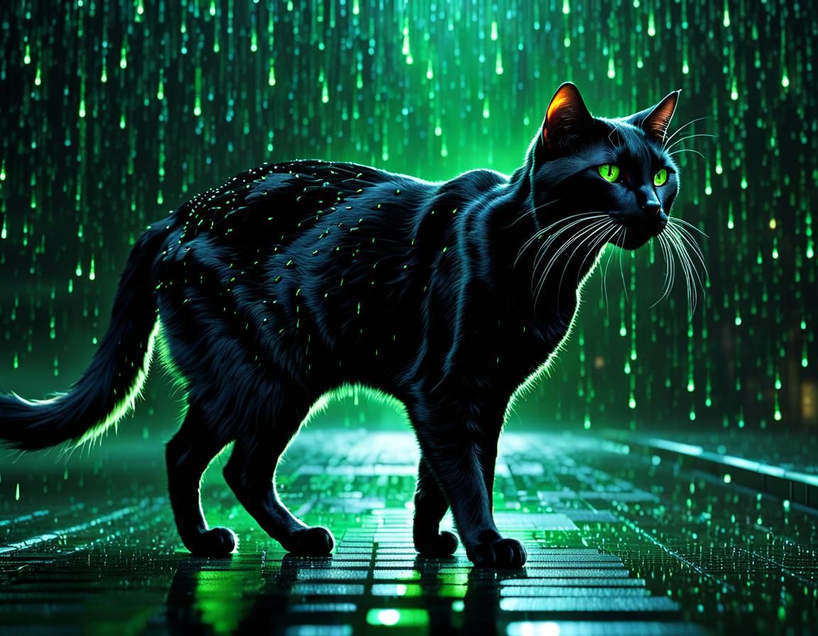 Hyperrealistic Black Cat in Matrix Digital Rain