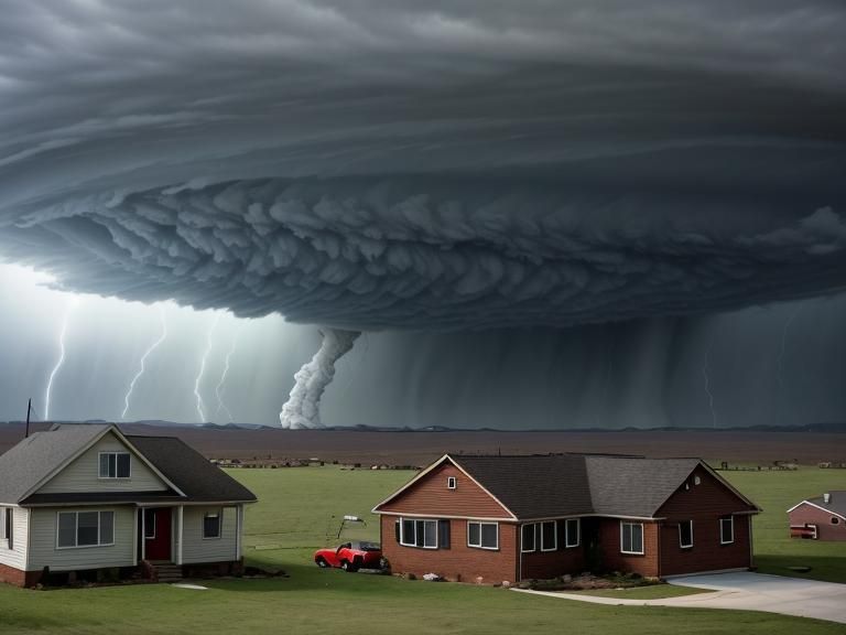 A wide angle photo of a tornado over a house in Kansas