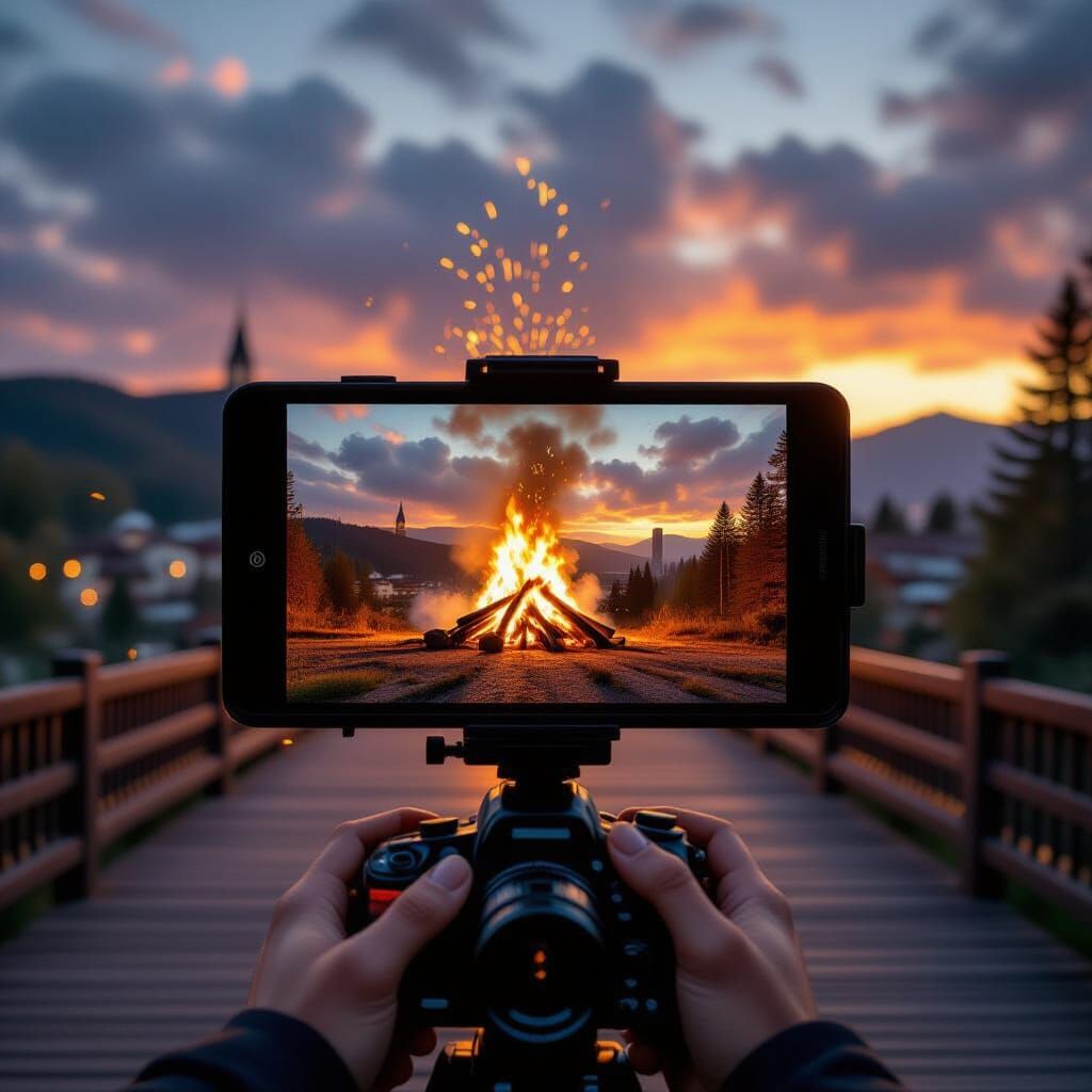 Bonfire in Forest Seen Through Camera Lens