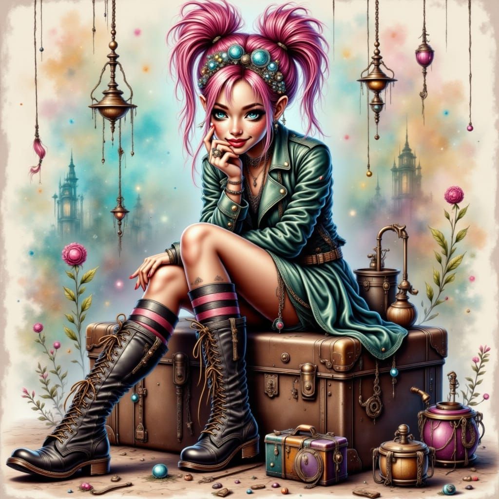 Whimsical Steampunk Woman in Vintage Luggage, Soft Watercolo...