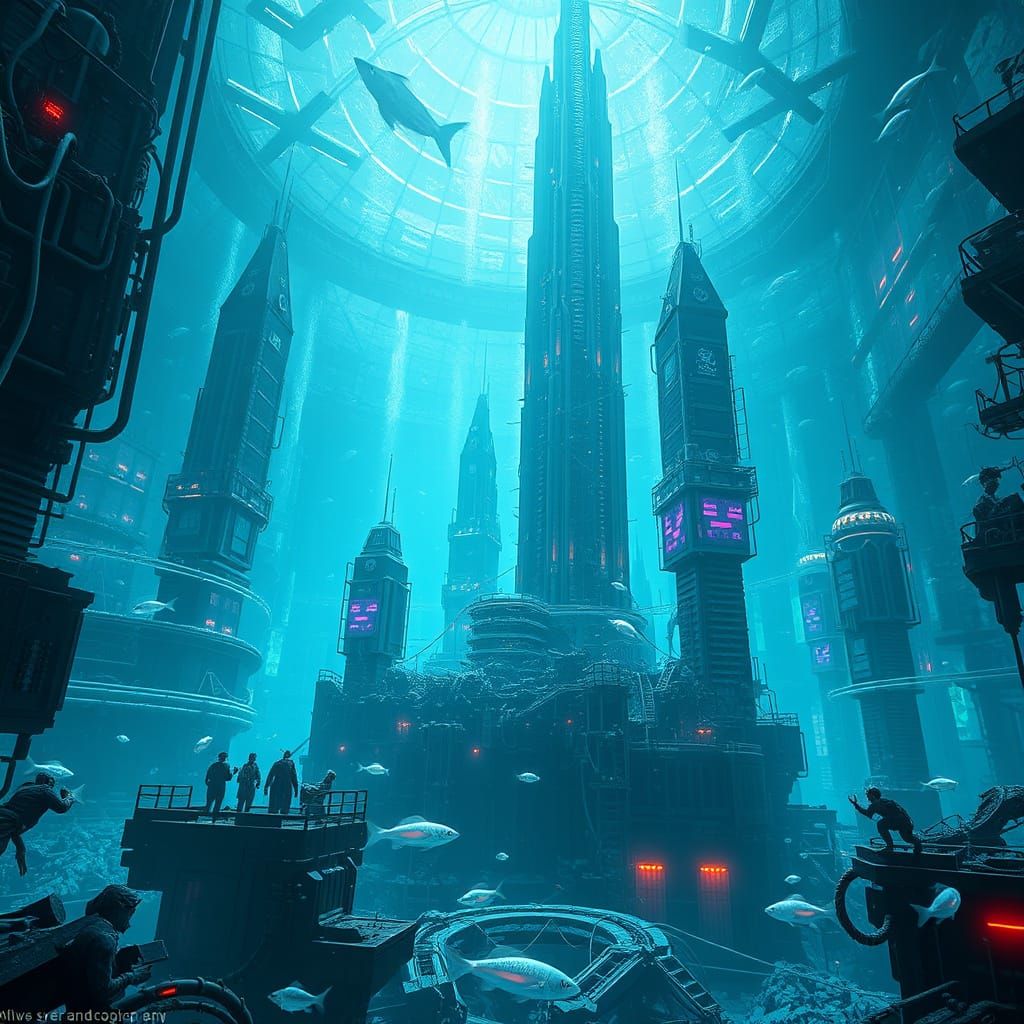 Submerged Dystopian Metropolis in Vibrant 8K