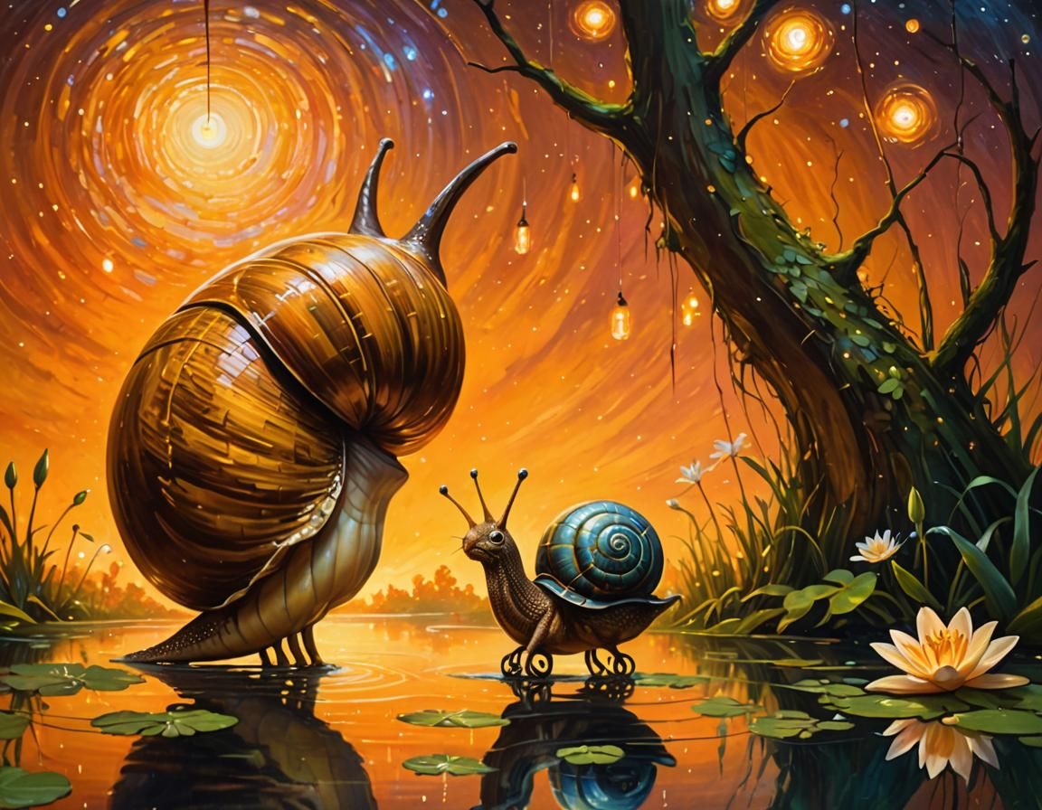 Giant Snail Unicyclist on Moonlit Lake: Impressionist Painti...