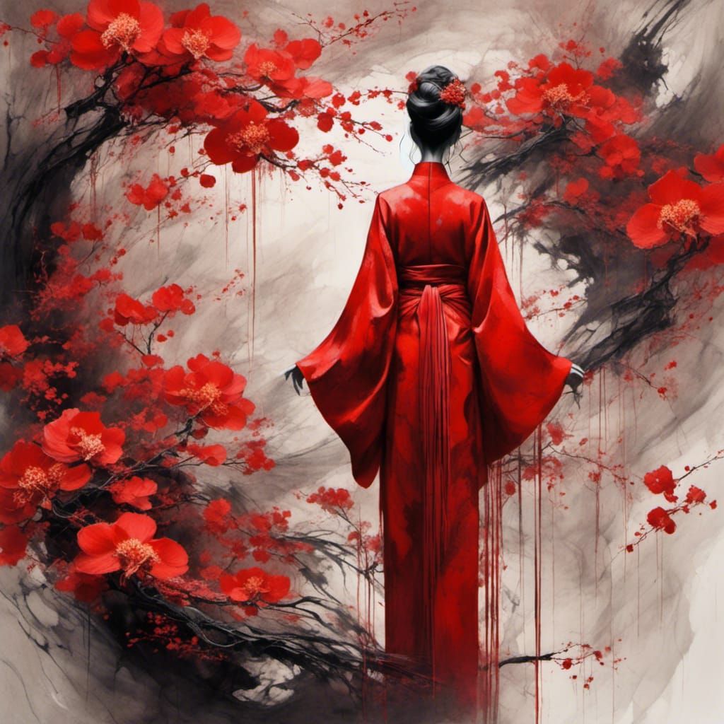 Abstract Digital Art of Red Kimono and Fragrance