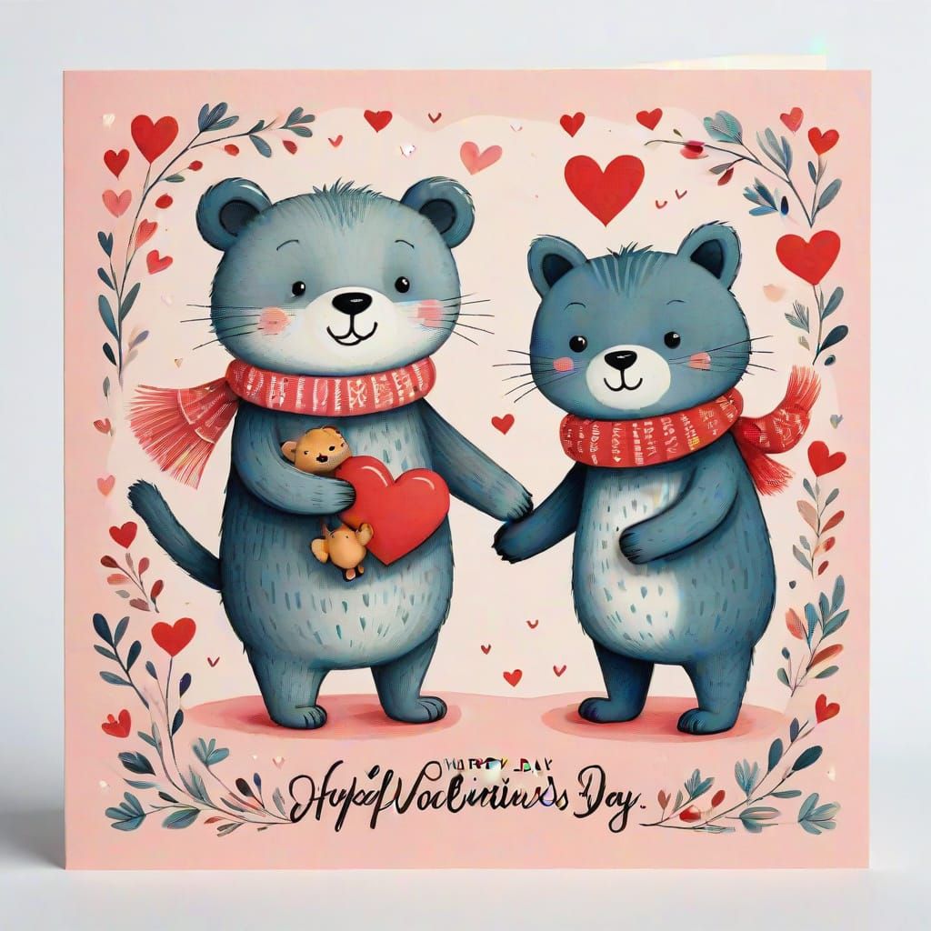 Whimsical Valentine's Day Card with Loving Animals