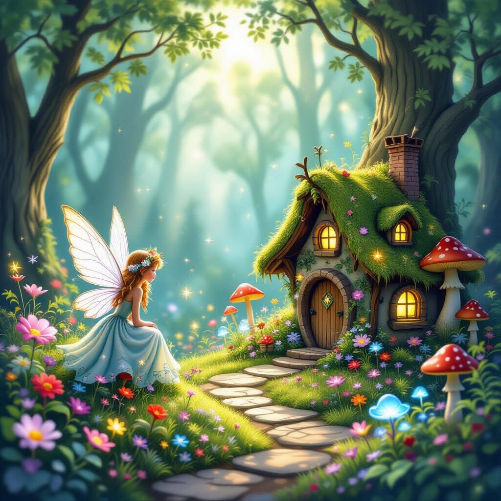 Enchanted Fairy Garden with Glowing Flora and Fairy Houses