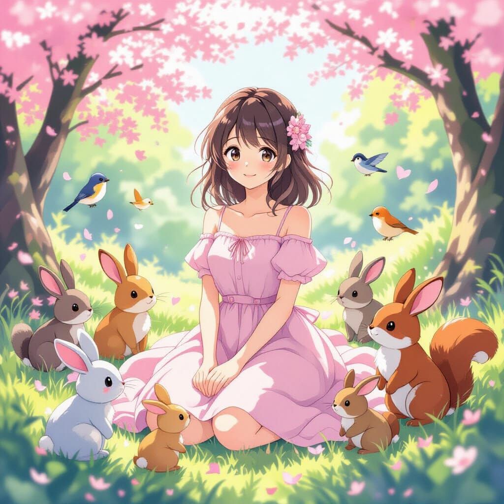 Anime Girl with Animals in Cherry Blossom Nature