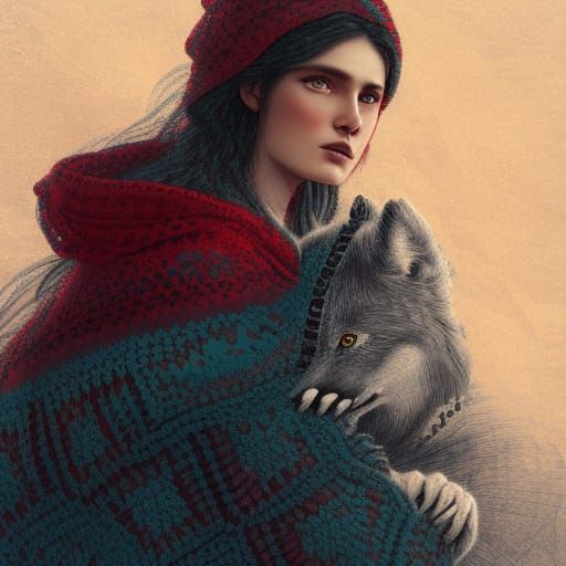 Red Riding Hood Hugs Wolf: Hyperdetailed Portrait