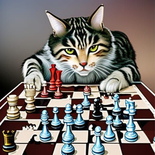 A Sokoke Tabby Cat cleverly playing chess on a red and white chessboard second edition