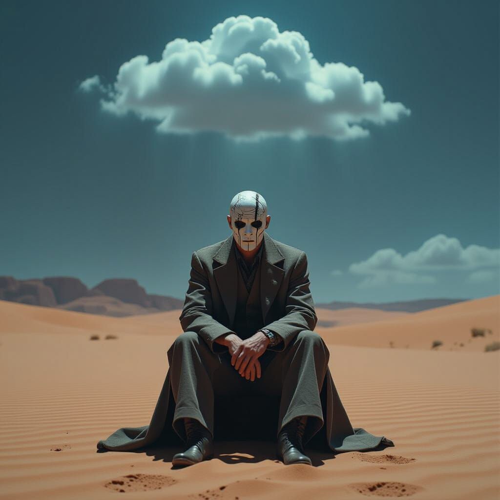 Cracked Porcelain Man in Rainy Desert, Cinematic Art