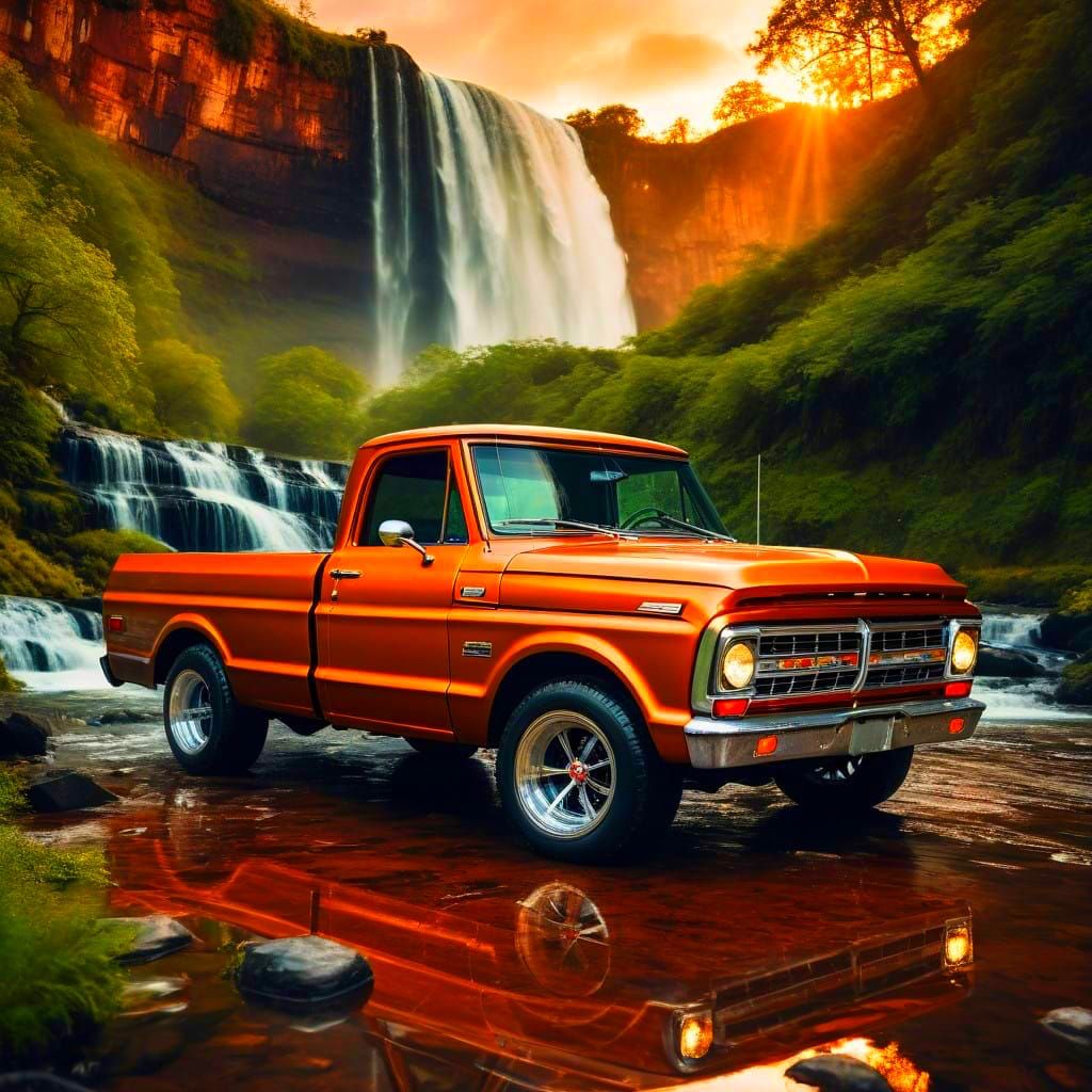 Vintage Copper Pickup Truck Cruises Sunset Trail