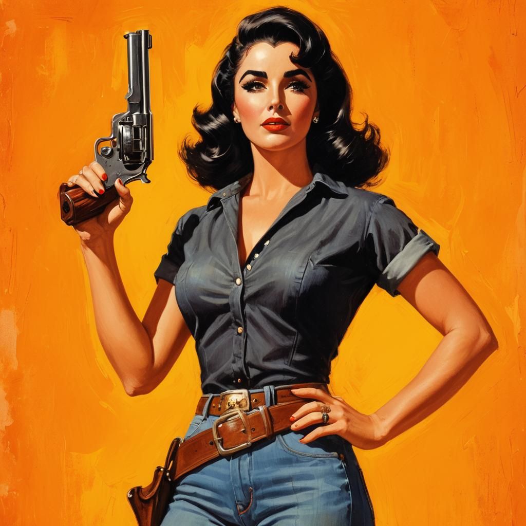 Elizabeth Taylor with Colt Six-Shooter in Oil Painting
