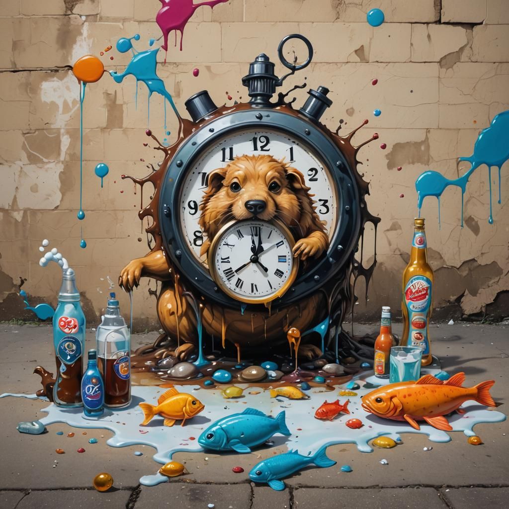 Surreal Gopher Graffiti Art with Melting Clock
