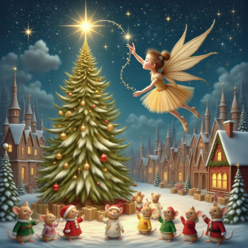 Magical Fairy Touches Star on Christmas Tree