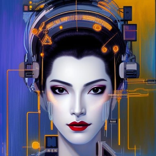 Cyberpunk Geisha with Golden Circuitry, Digital Painting