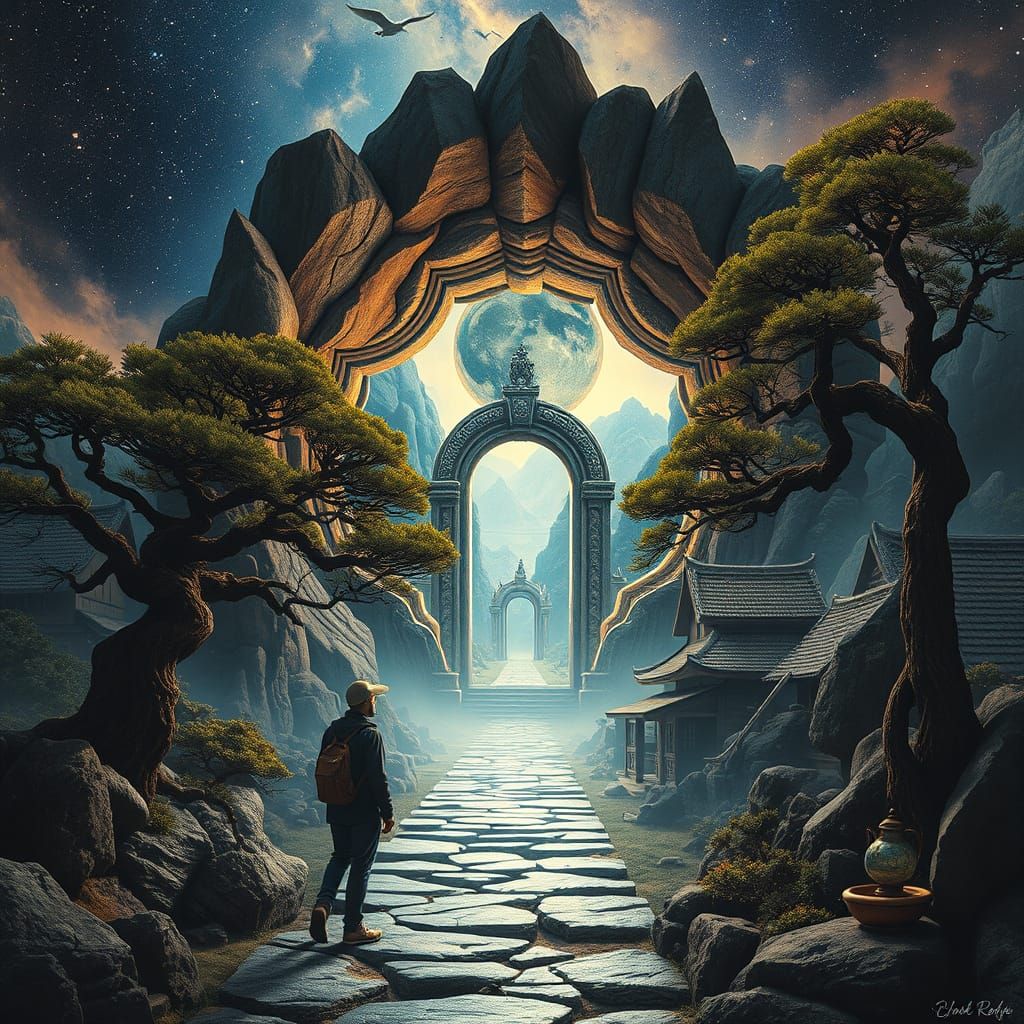 Traveler journeys through a portal of dreams