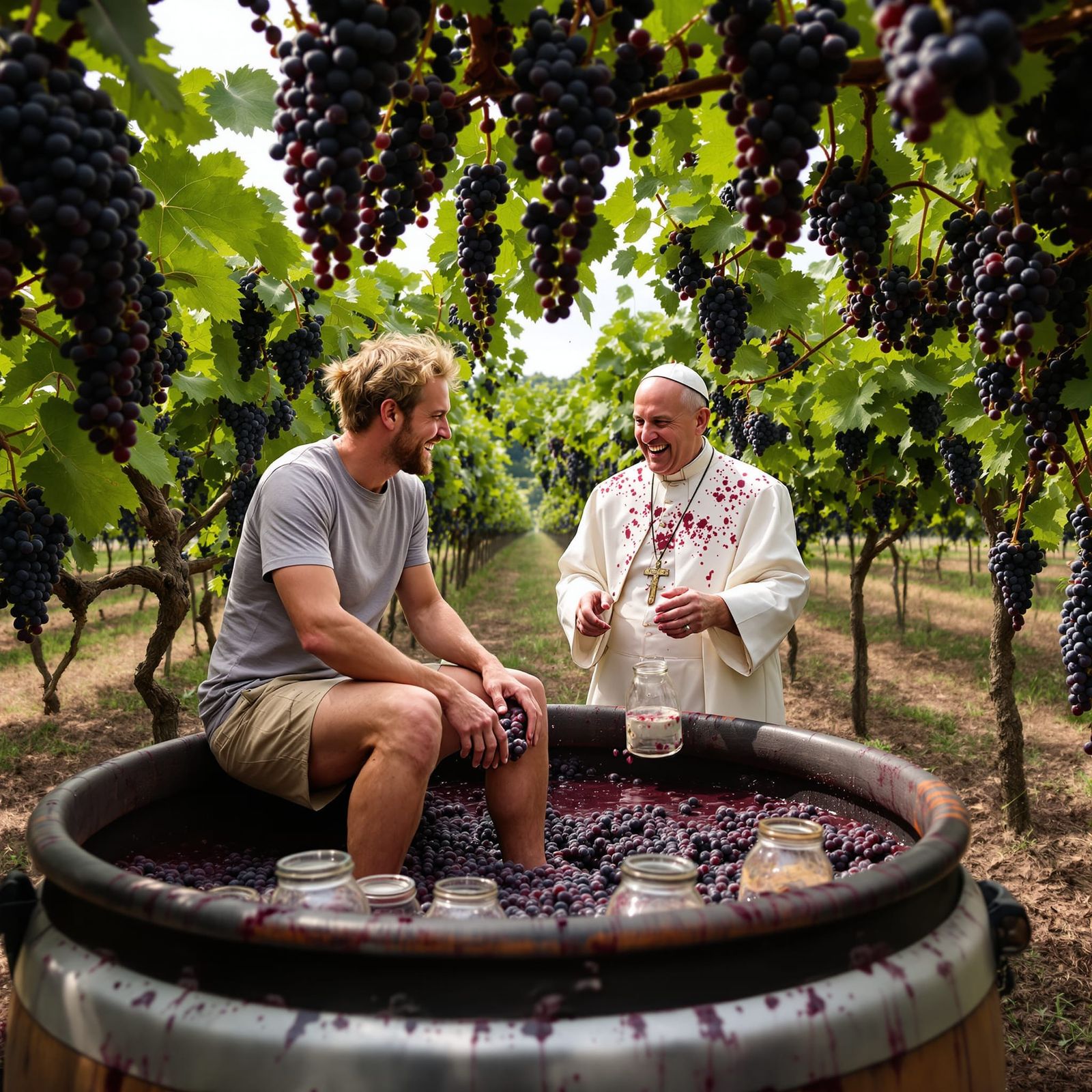 Couple Stomping Grapes in Vineyard Vat with Pope