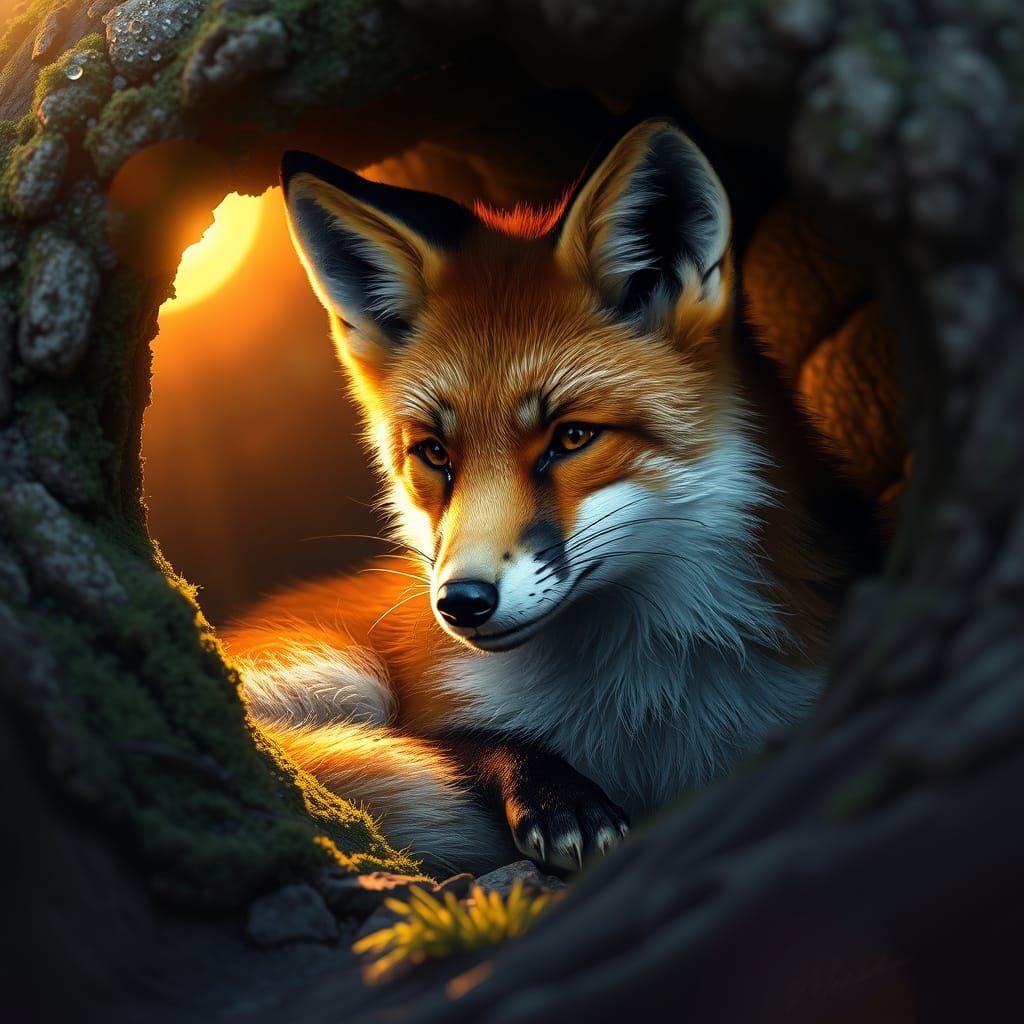 Red Fox Wakes in Dawn-Lit Den