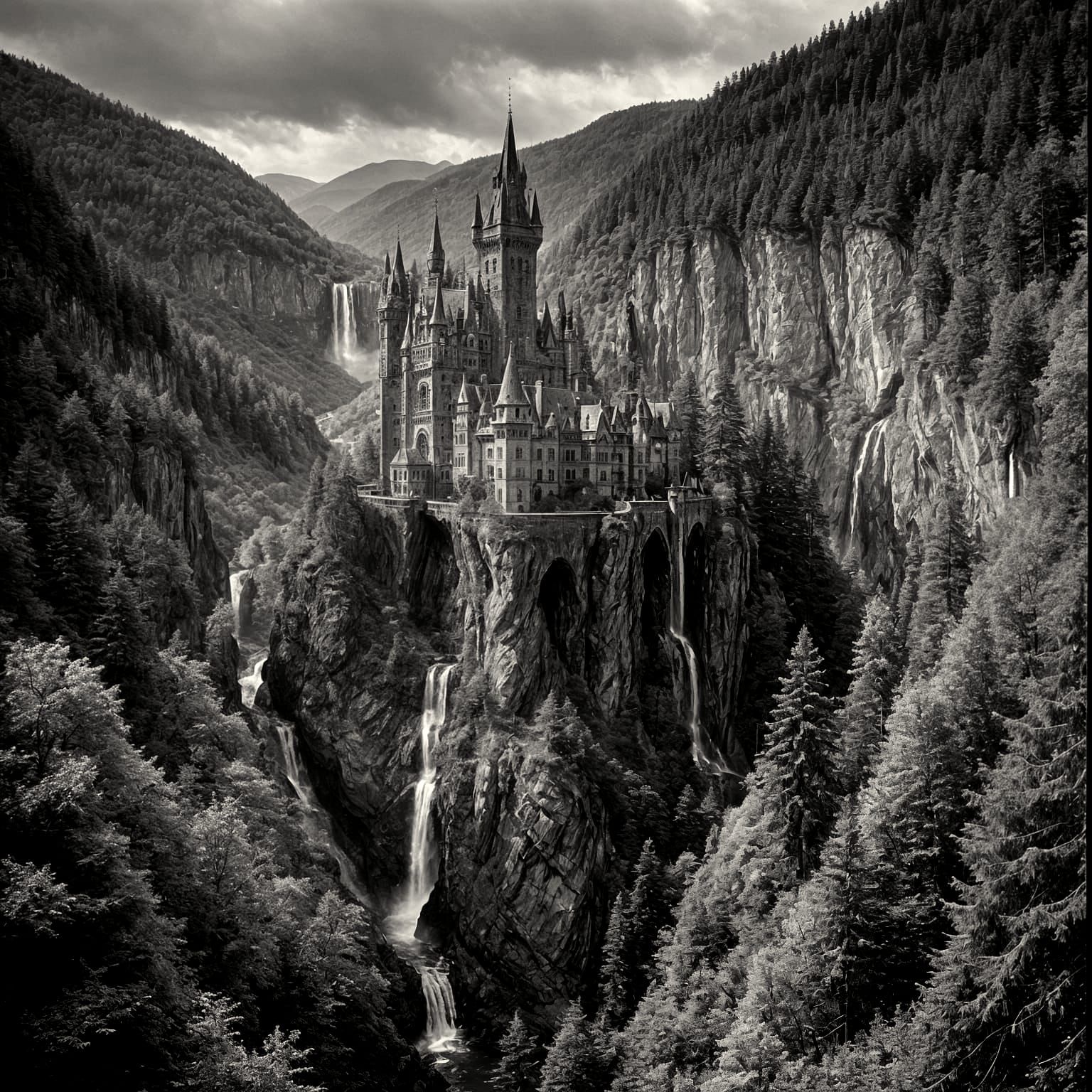 Gothic Castle Overlooking Magical Waterfall in Autochrome