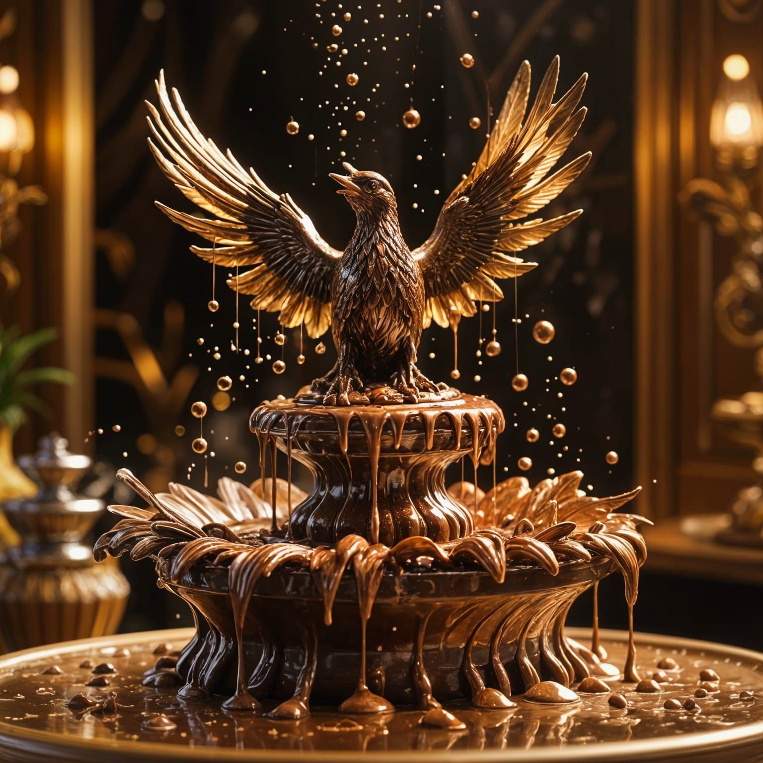 Chocolate Bird Sculpture on Chocolate Fountain