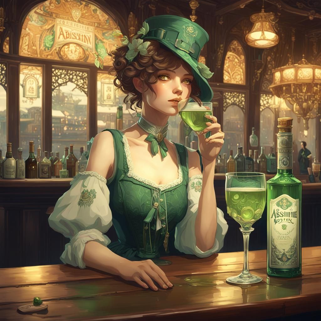 Woman Drinks Absinthe in Art Nouveau Style