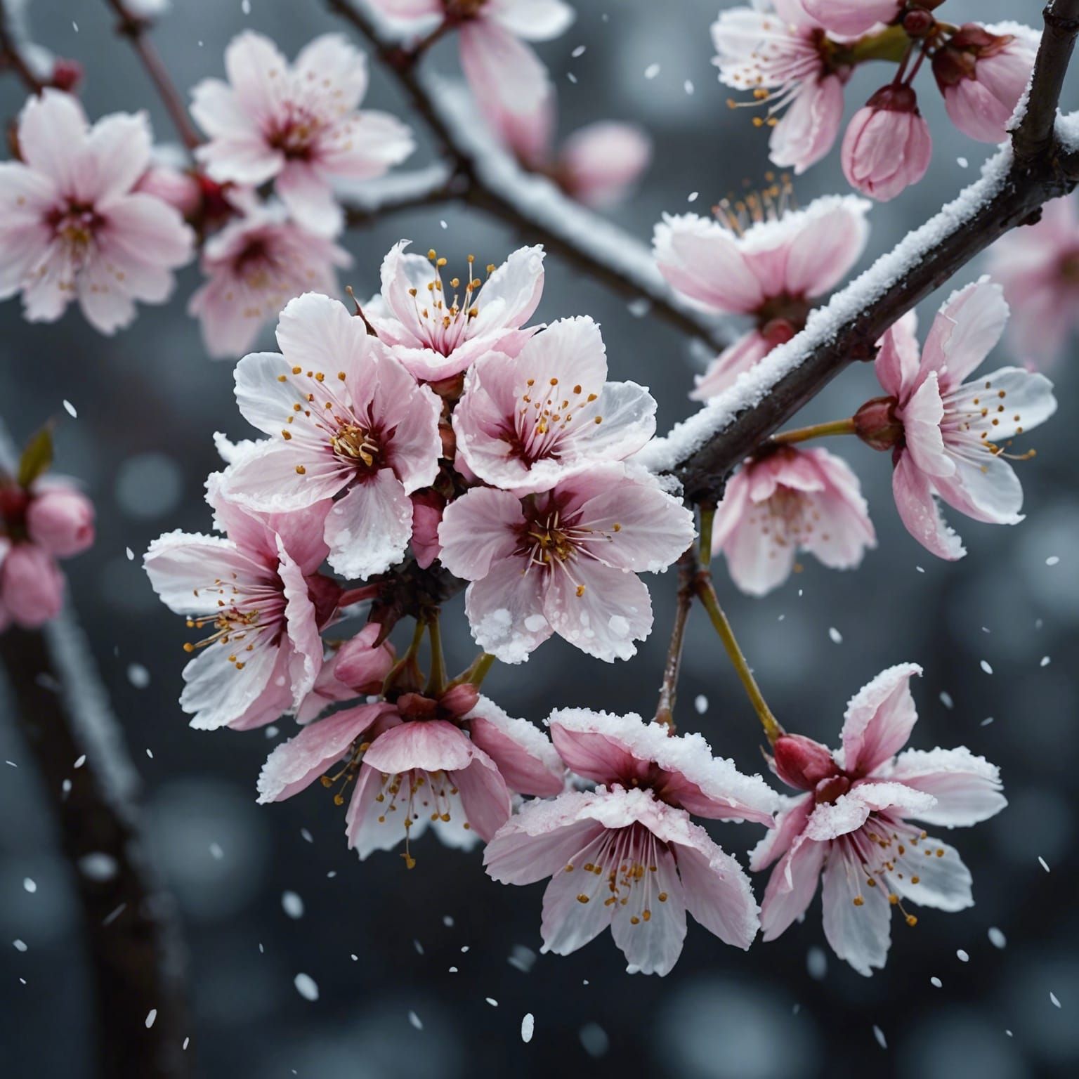 Frozen Cherry Blossoms in Snow: Hyperrealistic Splash Art