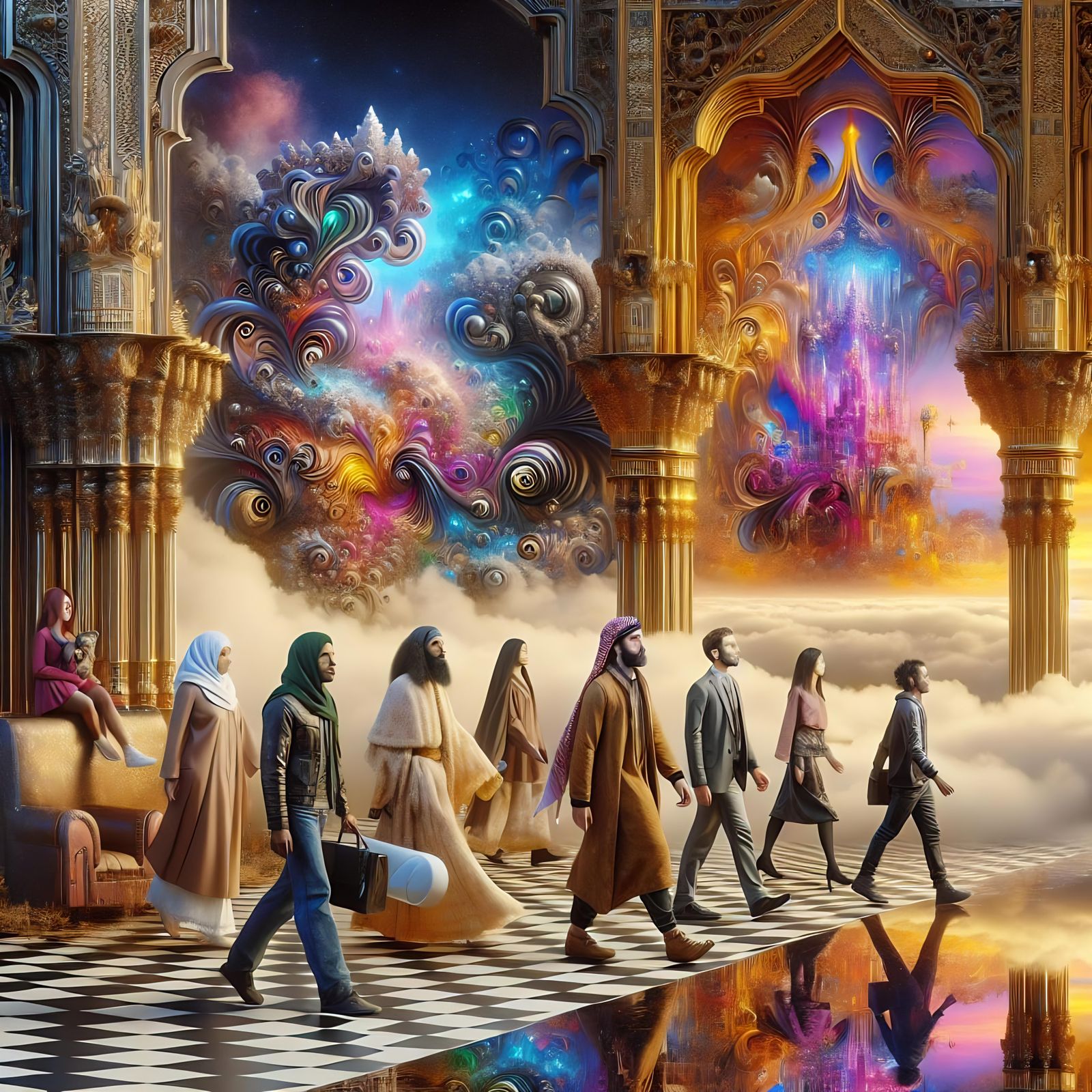 Surreal Dreamscape of Diverse People in Neon Landscapes